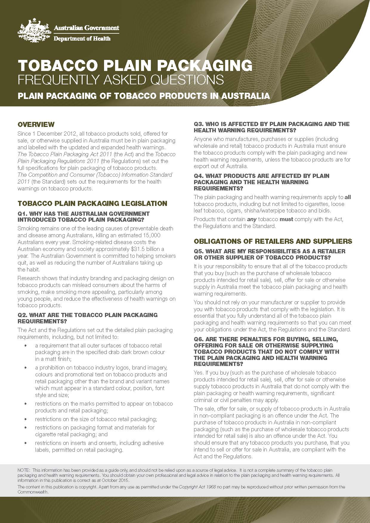 Cover image for plain packaging of tobacco products in Australia fact sheet