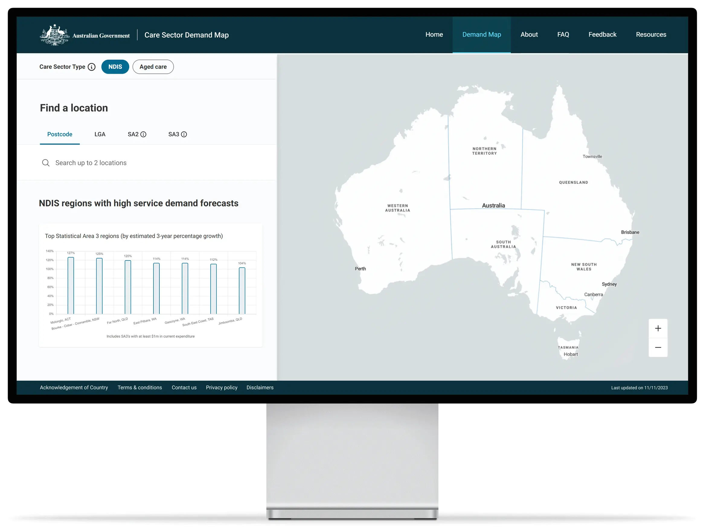 Computer monitor showing the Care Sector Demand Map website